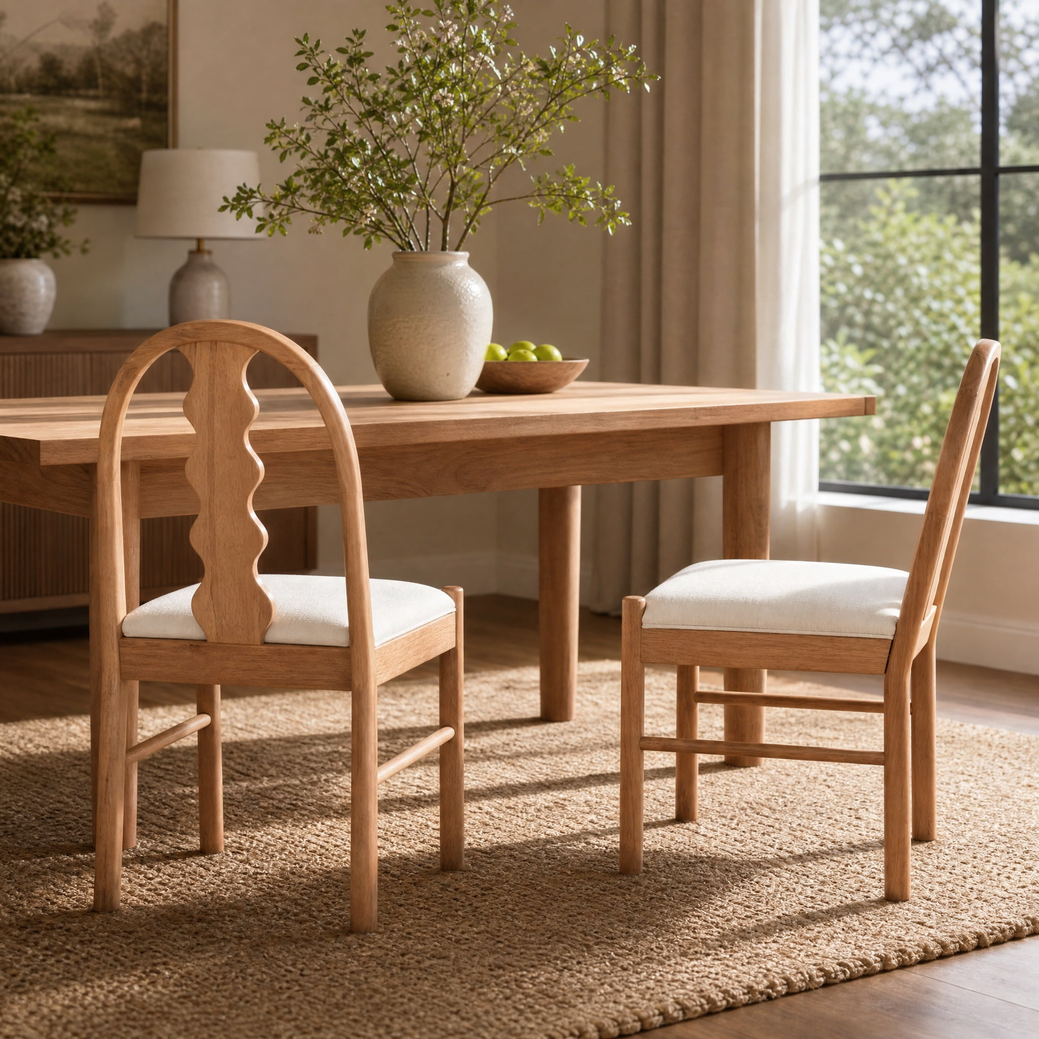 Rubber Wood Dining Chairs Set of 2, Curved Arch Wavy Back Kitchen Chairs with White Fabric Upholstered Seat Cushion, Farmhouse Wooden Side Dining Chairs for Home Kitchen,Natural