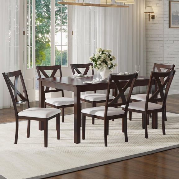 Merluxy 7-Piece Farmhouse Dining Table Set for 6, 60'' Table and 6 Chairs, Space-Saving Dining Set for Kitchen, Small Apartment, Brown