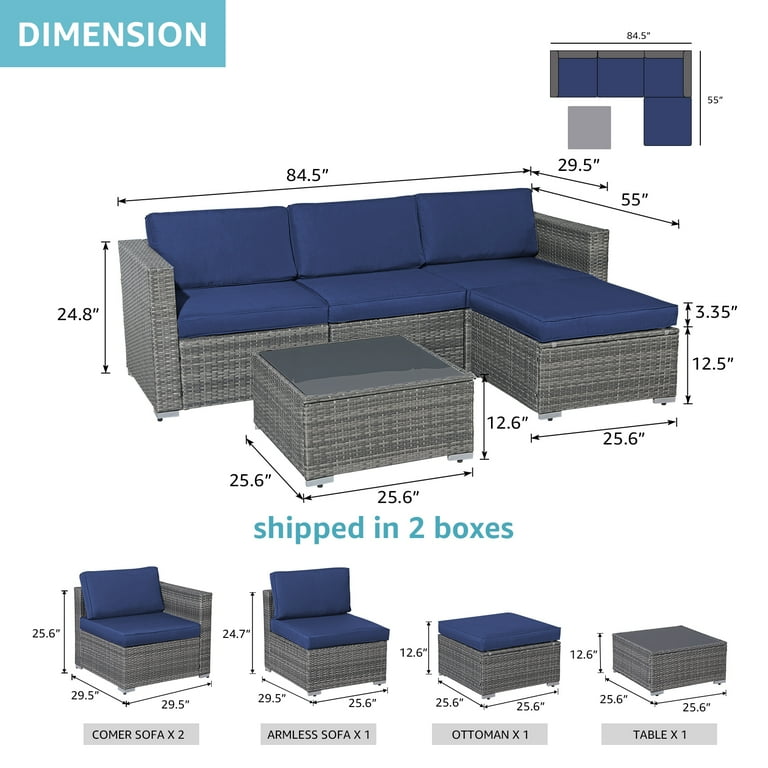 Patiorama 5 Piece Patio Furniture Set Outdoor Sectional Conversation Set All Weather Dark Grey PE Wicker with Navy Blue Cushions Outdoor Backyard