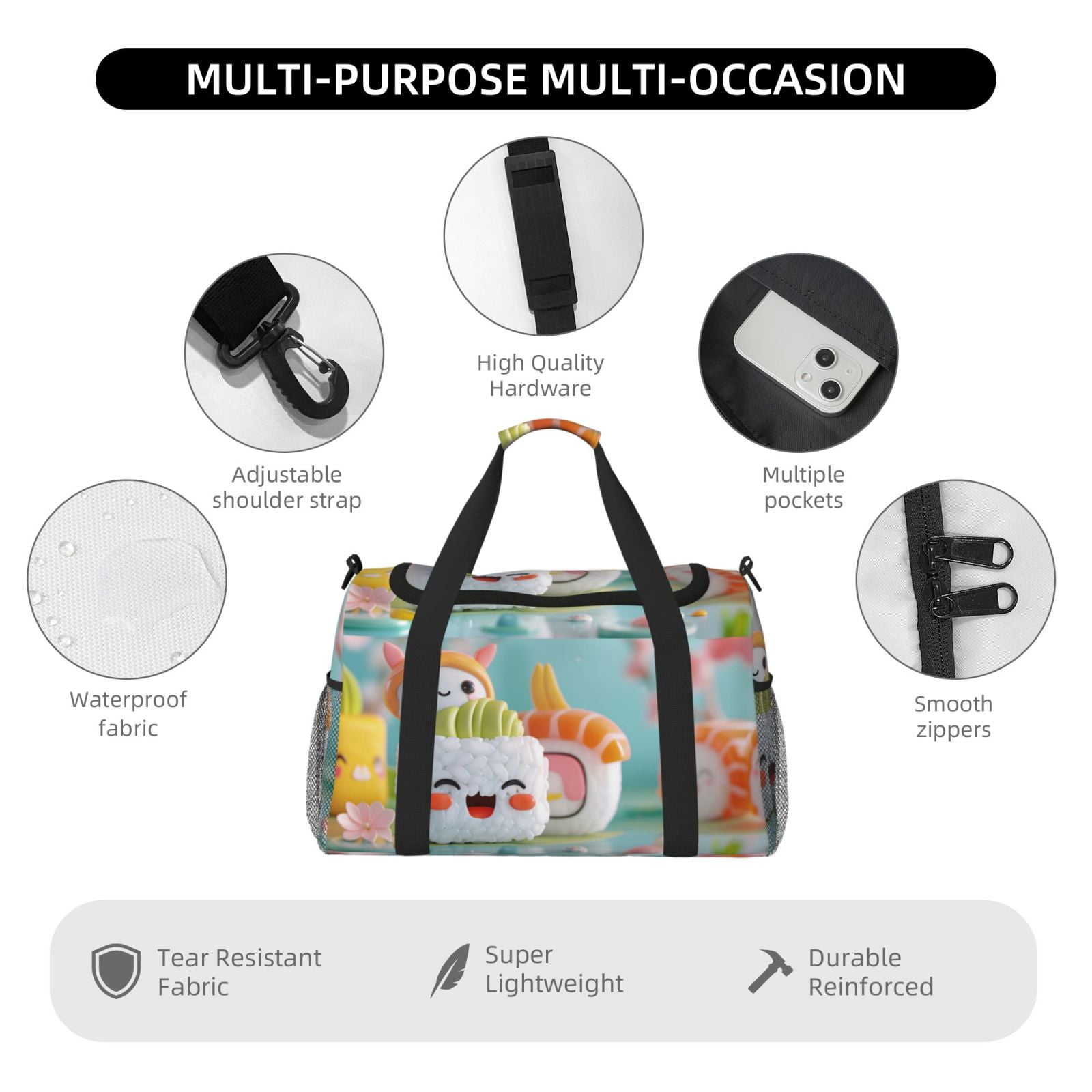 Fuzoiu Kawaii Sushi Characters Delight Print Travel Duffle Bag,Carry On Tote Bags,Duffel Bag,Sport Gym Bag, Hospital Bag for Labor and Delivery, Overnight Bag,Luggage Bag