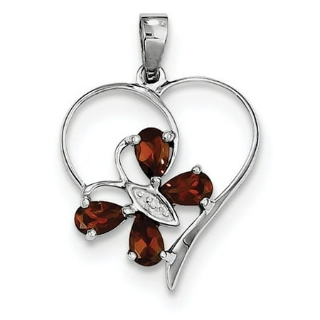 - Sterling Silver Rhodium Garnet & Diamond Butterfly Heart Pendant Gem Wt- 0.98ct