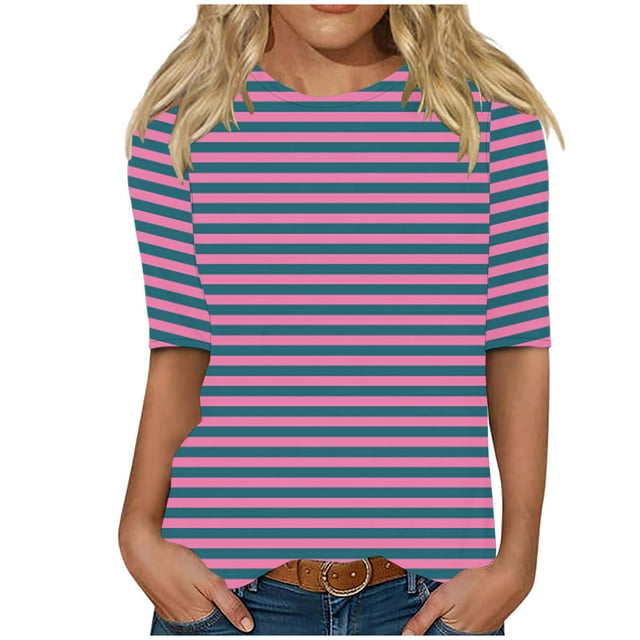 Tumotour Chemises Rayées pour Femmes Col Rond Manches Longues Chandail Décontracté Confortable Blouses Amples Mode Basique Tenues pour Marcher Usage Quotidien Travail Vacances