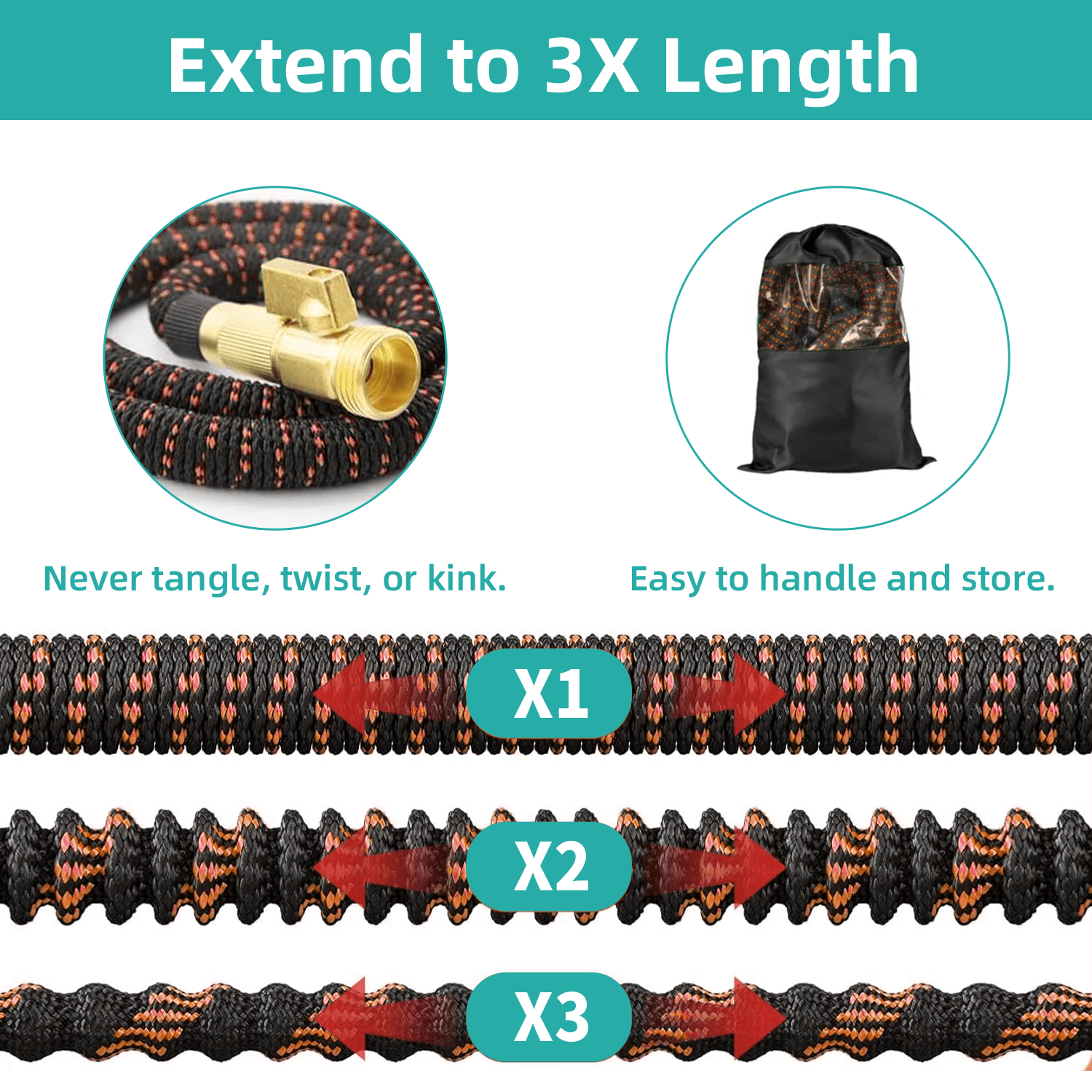 50FT Expanding Water Hose – Flexible Lightweight No-Kink Garden Hose for Outdoor Watering, Car Wash, Lawn & Yard with Leakproof Brass Fittings, Durable Expanding Water Hoses, Black Orange