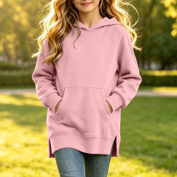 Xdegoge Teen Girls Long Pullover Hoodie Tunic Sweatshirt with Kangaroo Pocket Side Slit Casual Fall Clothes Activewear Tops, Size 13-14