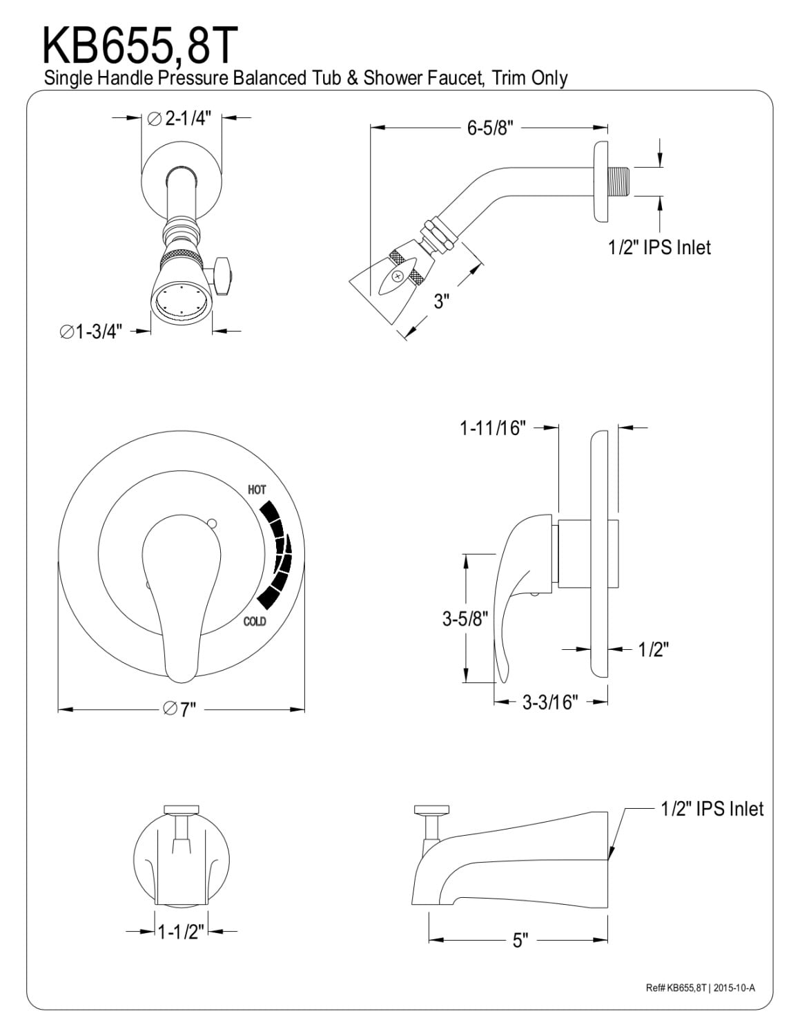 Kingston Brass KB655T Tub and Shower Trim Only, Oil Rubbed Bronze