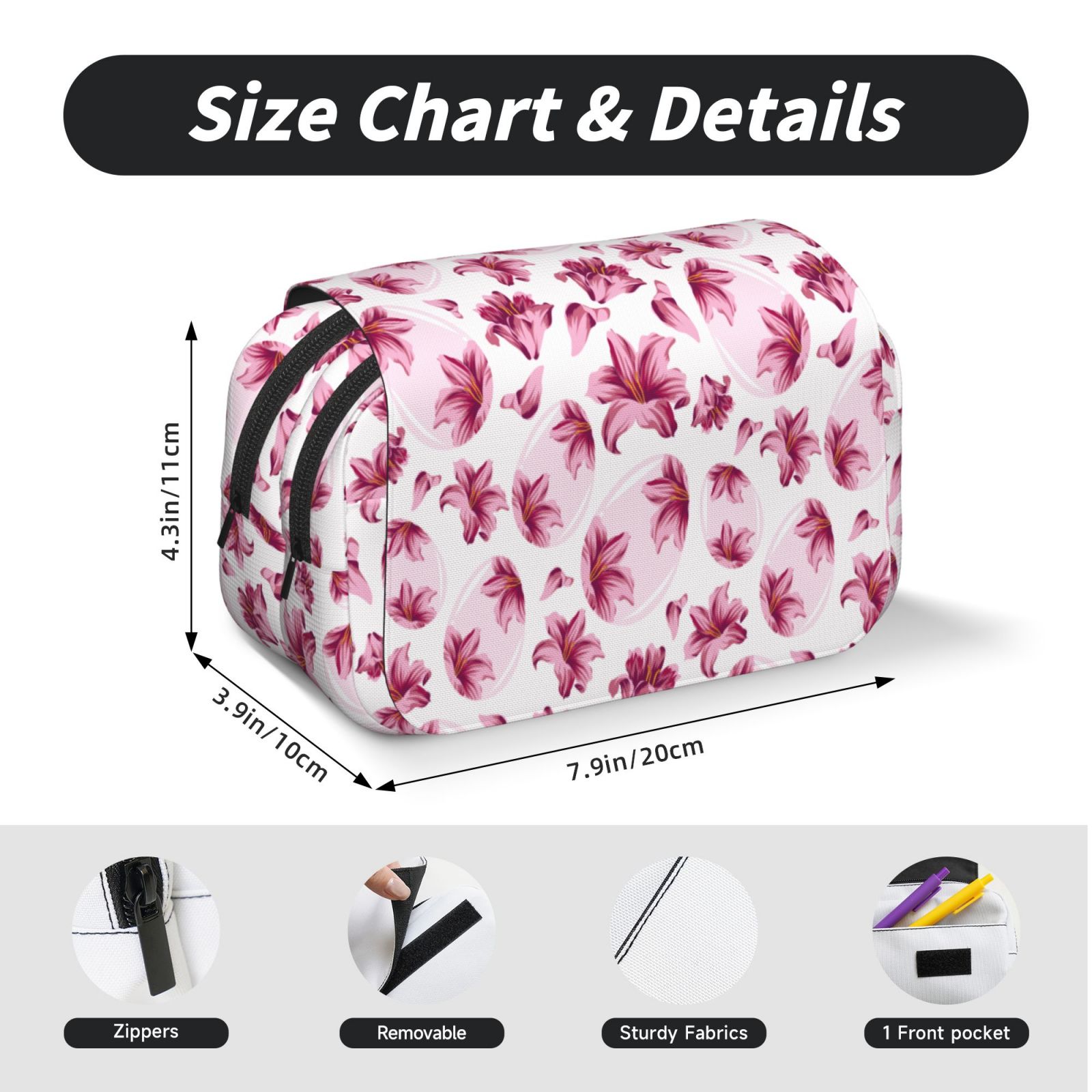 Rateoe Lilies Flowers Pattern Double Clamshell Pen Case, Storage Organizer with Two Zipper Compartments– Holds Up to 50 Pencils & Pens