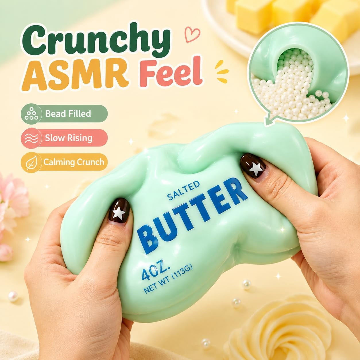 Crunchy Butter Squishy, Soft Squeeze Sensory Fidget Toy with Crunchy ASMR Texture, Butter Stick Stress Relief Toy, Fun Novelty Gift for Kids Teens and Adults(Yellow)