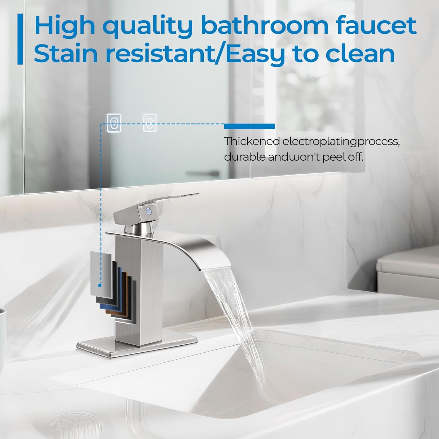 Brushed Nickel Bathroom Faucets, Waterfall Bathroom Sink Faucet Modern Single Handle Bathroom Faucte 1 or 3 Hole, RV Mixer Tap Vanity Faucet - Includes Pop-up Drain Supply Hoses Deck Plate