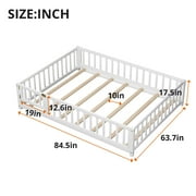Queen Floor Bed Frame for Toddler, Montessori Floor Bed with Fence and Wood Slats for Girls Boys Kids Happy Time,White