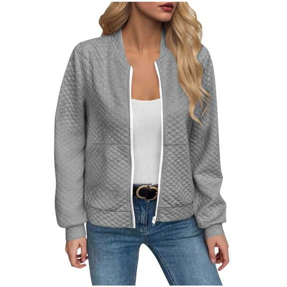 XUNKUSGA Bomber Jacket Women Waffle Knit Solid Color Zip Up Sweatshirt Women lightweight Long Sleeve Women's Jackets with Pocket Womens Fall Fashion 2025 S-2XL Gray