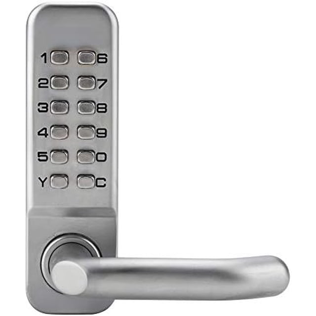 cerradura de puerta con teclado de combinación digital, cerradura de combinación de botón, cerradura de combinación mecánica, cerradura de teclado de combinación de aleación de zinc Blanco con teclado numérico vertical y manija de palanca horizontal en acabado metálico cepillado, vista frontal 3/4; adecuada para puertas interiores de oficina o bodega pequeña.