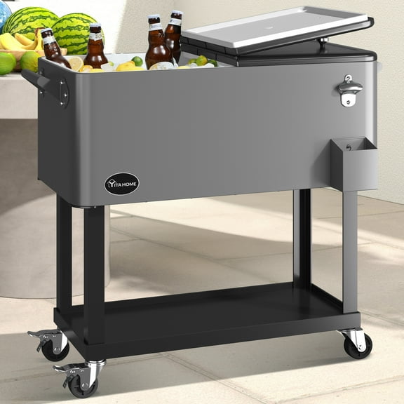 Uforic 80 Quart Rolling Ice Chest Cooler Cart,Outdoor Portable Beverage Cart, with Bottle Opener, Storage Shelf & Drain, Gray