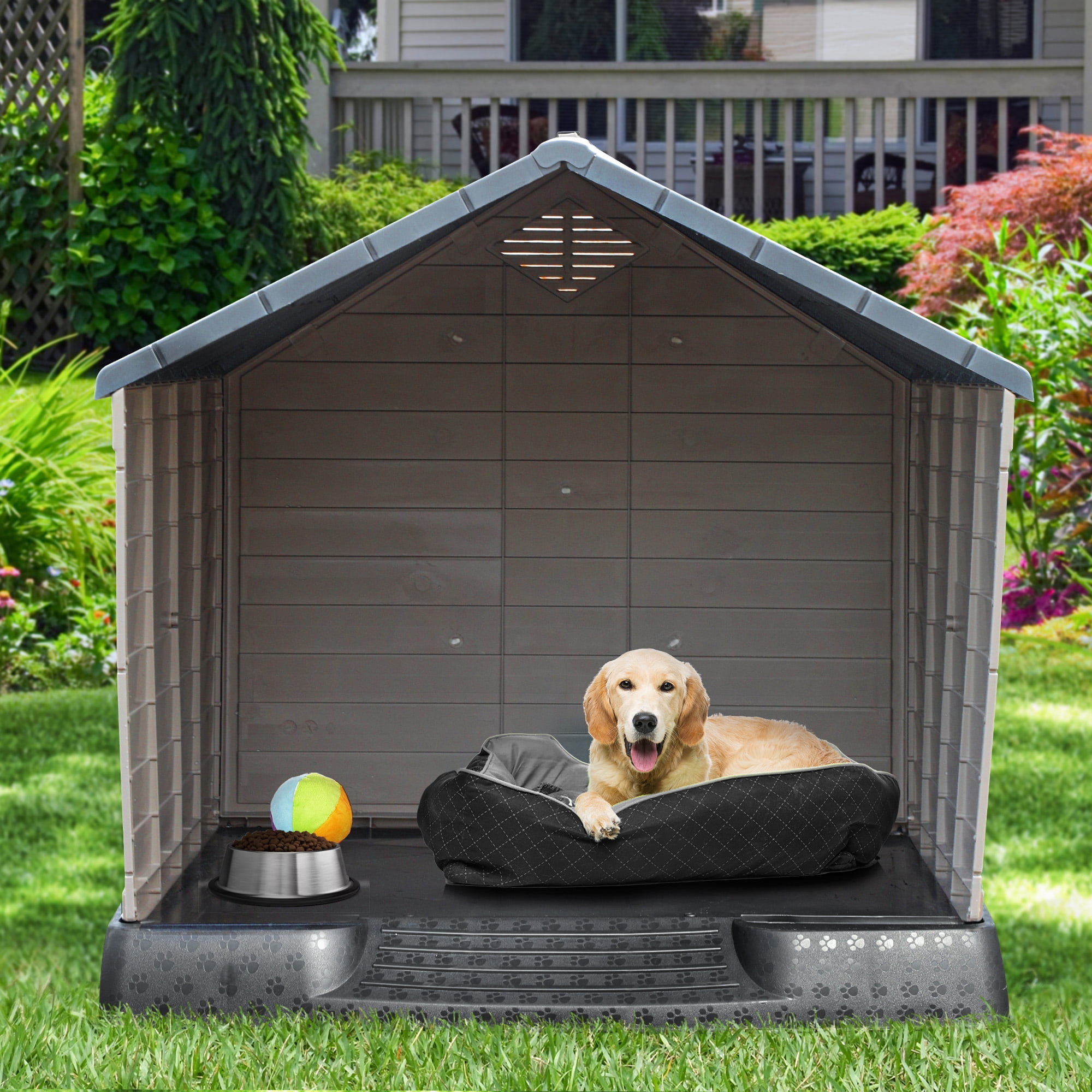 Dextrus Large Plastic Dog House Outdoor Indoor Doghouse Puppy Shelter Water Resistant Easy Assembly Sturdy Dog Kennel with Air Vents and Elevated Floor (41''L*38''W*39''H, Gray+Brown)