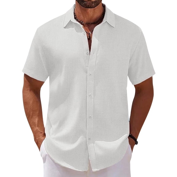 Mens Linen Hawaiian Shirt Short Sleeve Button Down Casual Summer Shirts White 2XL