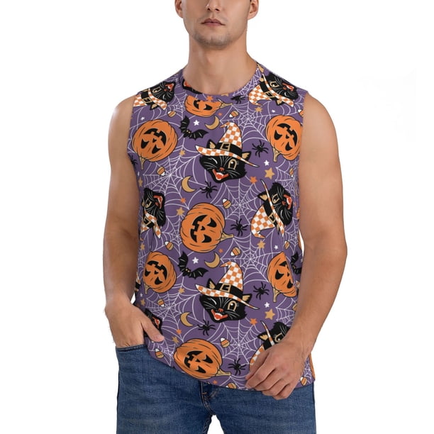 Fotbe Vintage Halloween Black Cat Men's Camiseta sin Mangas Estampada para Hombres, Playera Casual para Gimnasio, Entrenamiento, Playa-X-Large