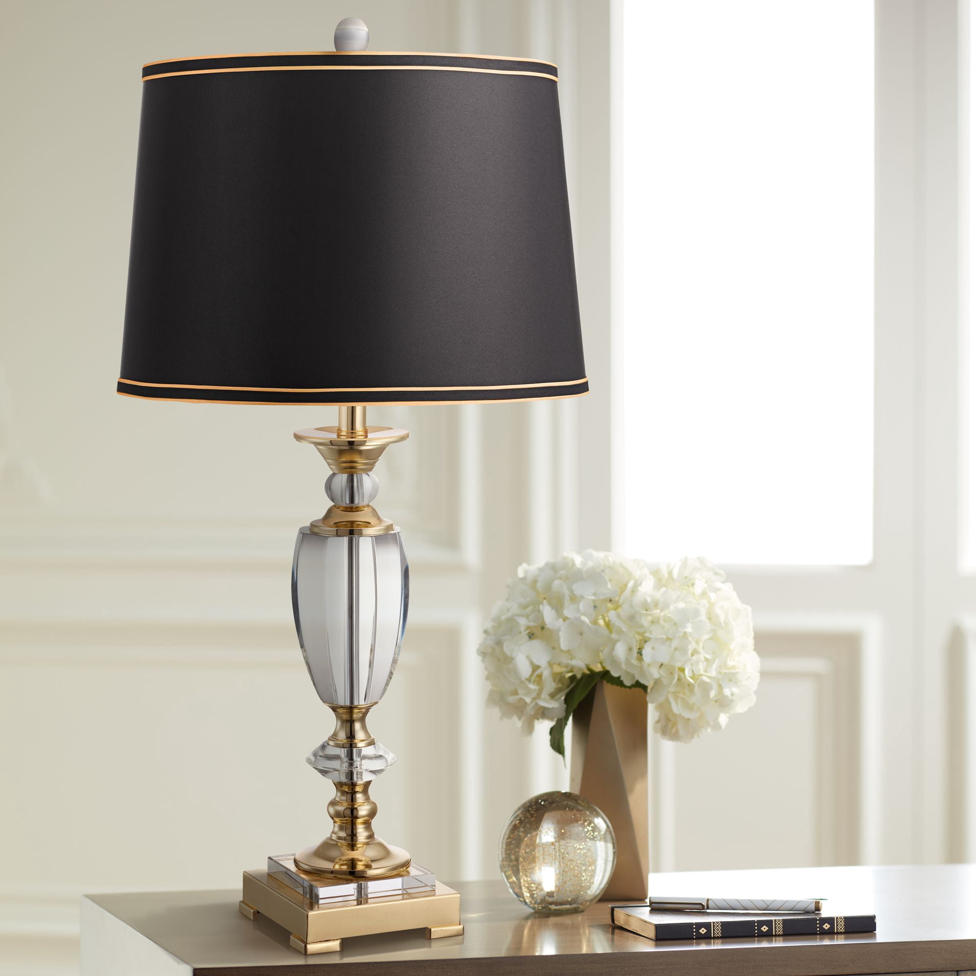 Springcrest Black Medium Drum Lamp Shade with Black and Gold Trim 14" Top x 16" Bottom x 11" High (Spider) Replacement with Harp and Finial