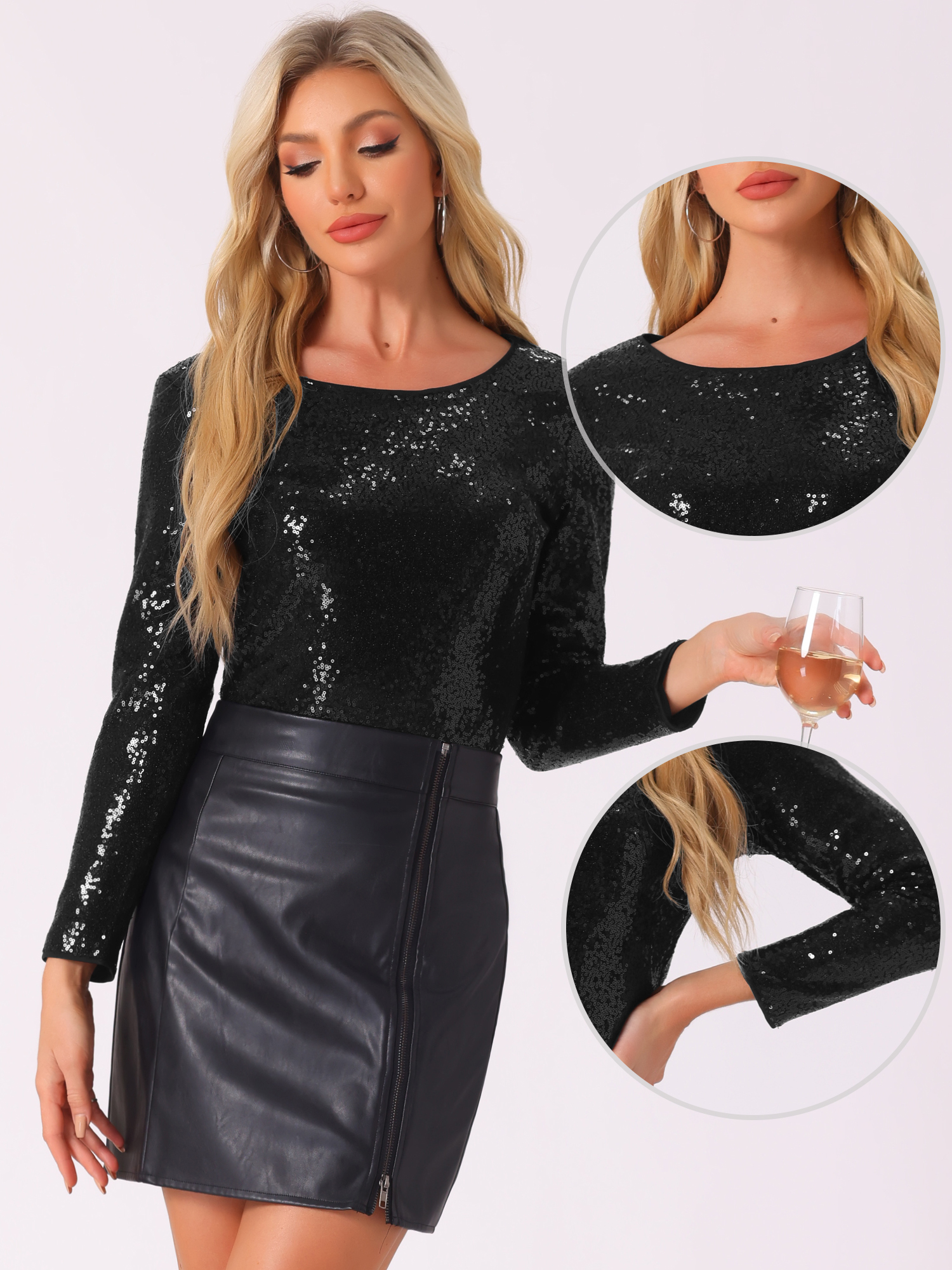 DARING DIVA Women's Round Neck Long Sleeve Shiny Sparkly Blouse L Black