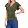 thumbnail image 4 of INSPIRE CHIC Faux Wrap Blouse for Women's Summer V Neck Ruffle Sleeve Casual Blouse Top L Dark Green, 4 of 6