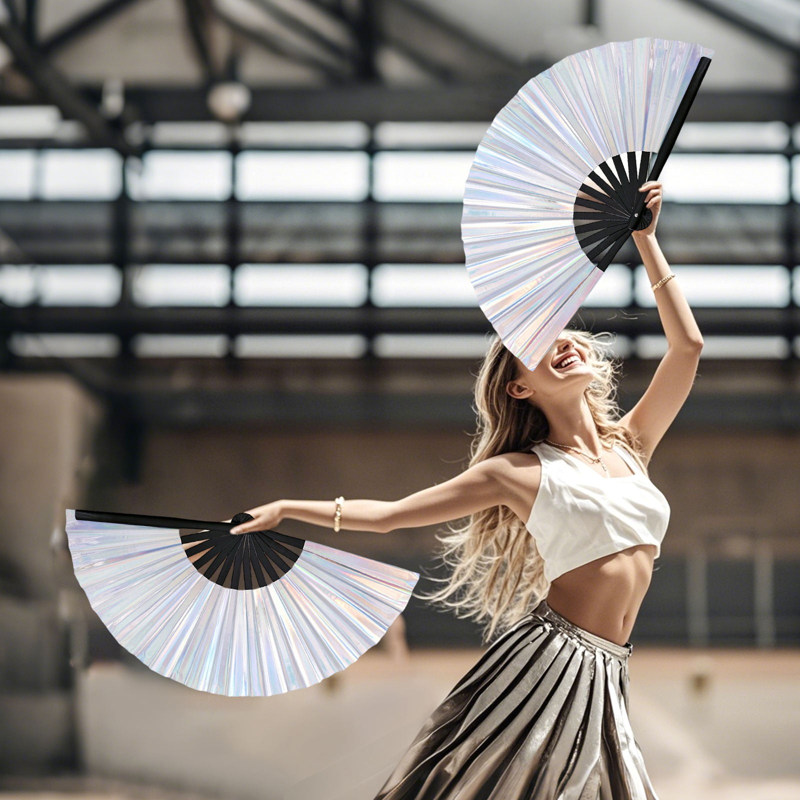 （新品）ハンディ FAN FAN GAHGA ふぁんふぁん　ブラック　白 Folding Hand Rave Fan for Women/Men, Chinease/Japanese Bamboo and