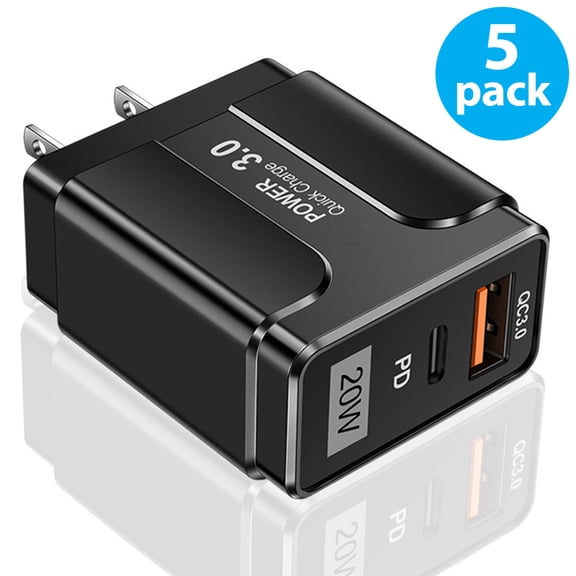 USB C Wall Charger Block 20W, 5-Pack Dual Port PD Power Delivery Fast Type C Charging Block Plug Adapter for iPhone 11/12/13/14/Pro Max, XS/XR/X, iPad Pro, AirPods, Samsung Galaxy S23/S22/S21 (Black)