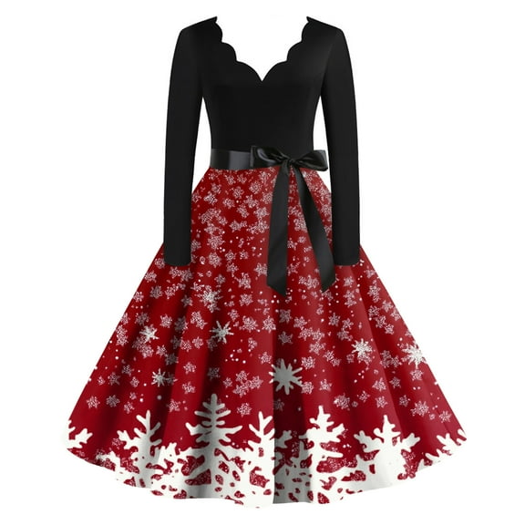 Women's Fashion Elegant Autumn and Winter Long Sleeve V-Neck Christmas Print Dress in Red XL for Holiday Parties and Casual Wear, Stylish Women's Seasonal Dress,Red,S