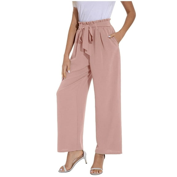 Huowey Women's Pants Solid Color High Waist Wide Leg Loose Lace Up Casual Pants Straight Leg Pants