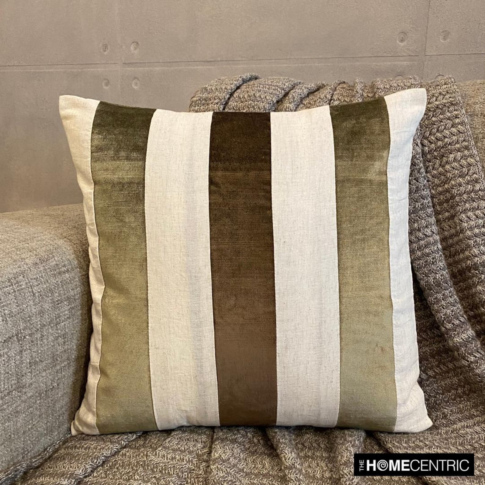 The HomeCentric Decorative Pillows cover Brown 26"x26" (65x65 cm) Velvet Striped And Linen Outdoor furniture Euro Pillow Shams, Patchwork Modern Style - Velvet Band Earthy