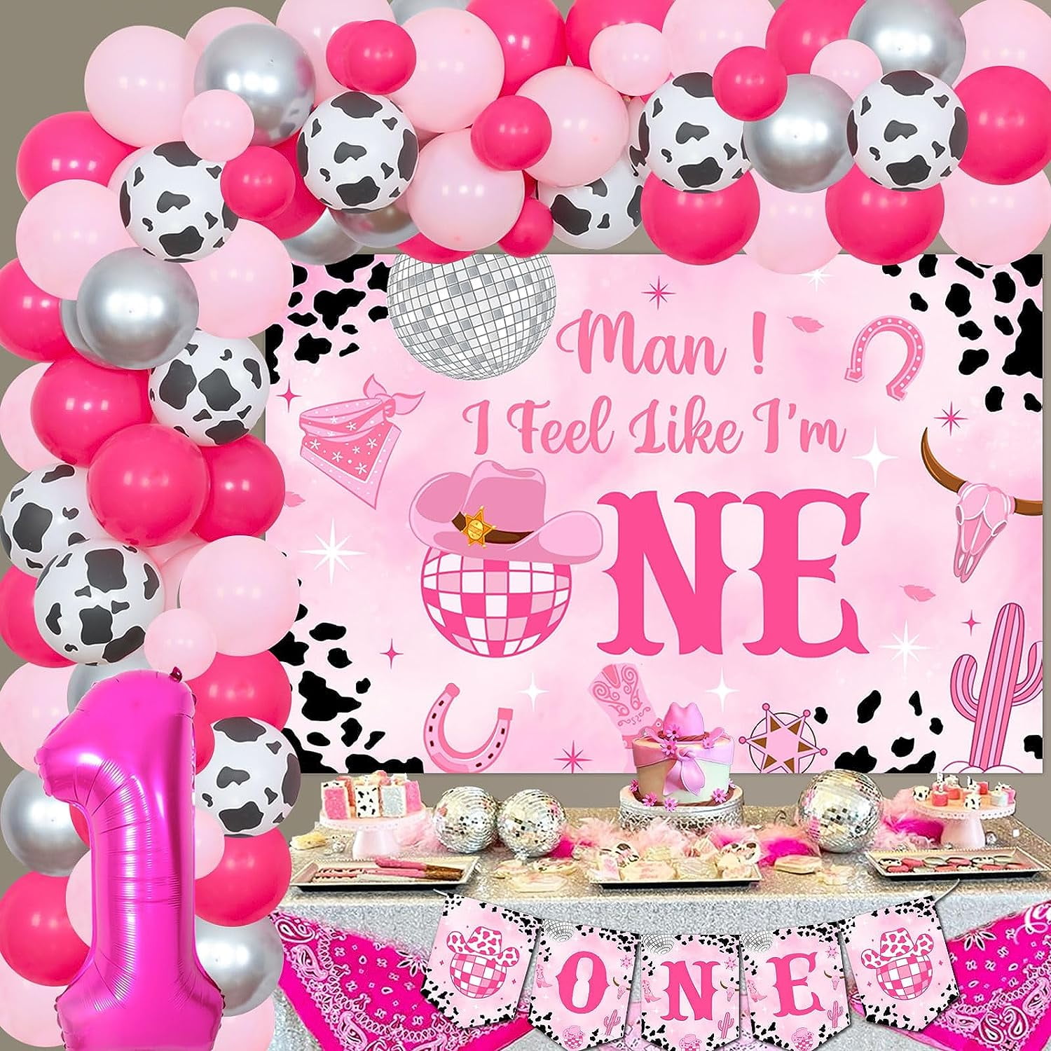 Disco Cowgirl 1st Birthday Decorations, Man I Feel Like I'M One Party Decorations Backdrop, Western Hot Pink Balloons Garland Arch Number 1 Foil Balloon One High Chair Banner for First Rodeo