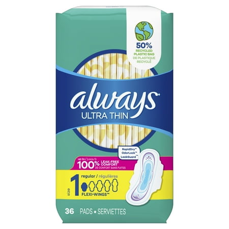 Always Ultra Thin Daytime Pads with Wings, Size 1, Regular, Unscented, 36 Count