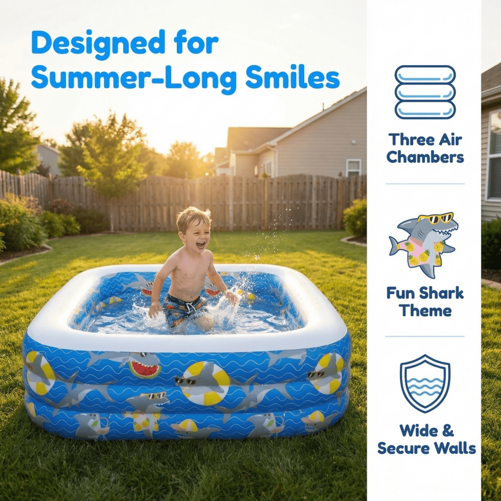 3-Ring Rectangular Inflatable Kiddie Pool with Shark Pattern, BPA-Free Family Swimming Pool for Backyard, Garden & Indoor Summer Fun