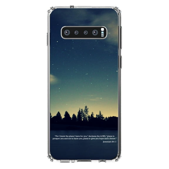 DistinctInk Clear Shockproof Hybrid Case for Samsung Galaxy S10  PLUS(6.4" Screen) - TPU Bumper, Acrylic Back, Tempered Glass Screen Protector - Night Sky Lake Jeremiah 29:11 -Christ