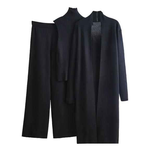 Women's 3 Piece Lounge Set Long Sleeve Cardigan Knit High Neck Vest with Pants Fall Outfits Black Free Size