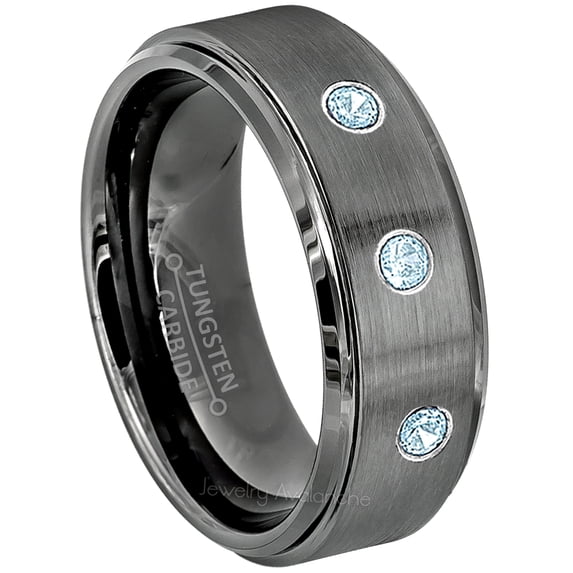 Brushed Gunmetal Tungsten Ring - 0.21ctw Topaz 3-stone Band - Personalized Tungsten Wedding Ring - Custom Made November Birthstone Ring TN616BS