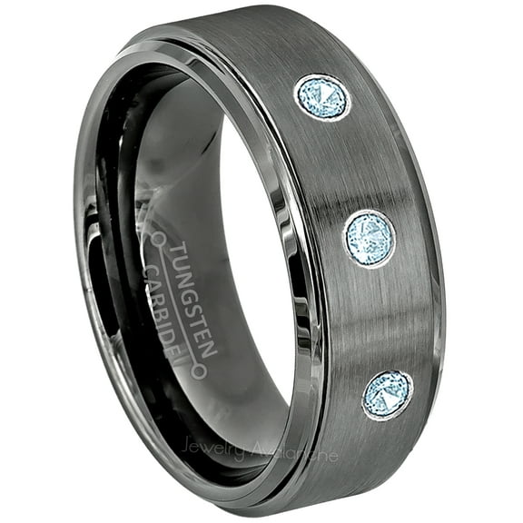 Brushed Gunmetal Tungsten Ring - 0.21ctw Topaz 3-stone Band - Personalized Tungsten Wedding Ring - Custom Made November Birthstone Ring TN616BS