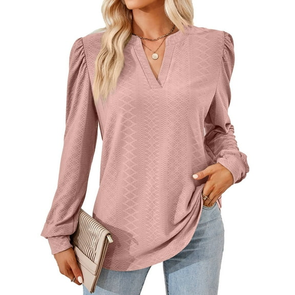 Blouses for Women Dressy Casual V-Neck Long Sleeve Womens Tops with Puff Sleeves Gray Pink S