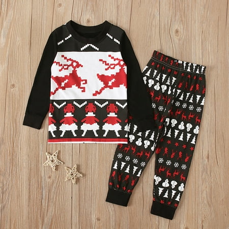 

Augper Toddler Pajamas Fall Winter Clearance Kids Christmas Snowman Deer Printed Long Sleeve Tops+Pants Pajamas Outfits Sets Black