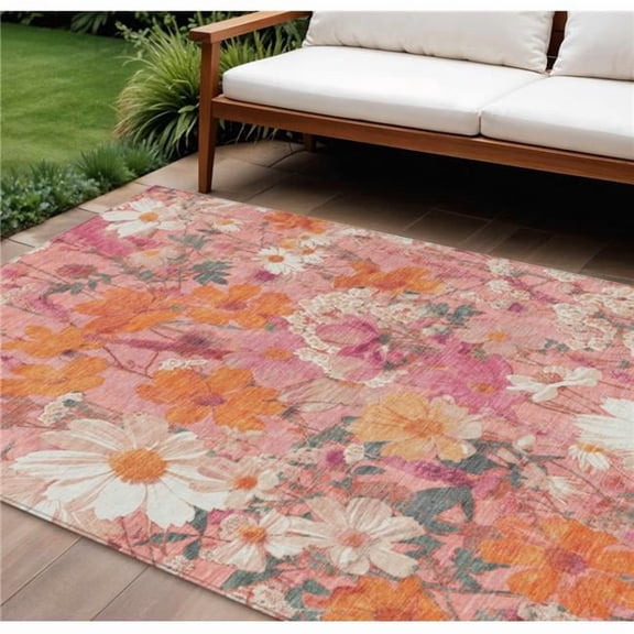 HomeRoots 611189 8 x 10 ft. Blush Pink & Orange Floral Washable Indoor & Outdoor Rectangle Area Rug