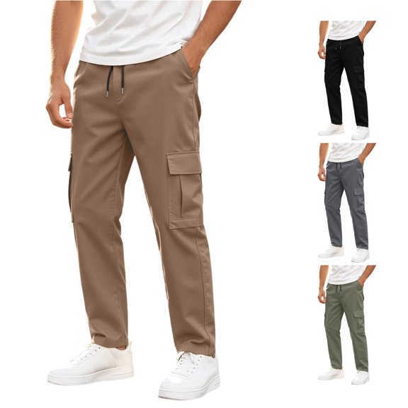 RUTAYY Men's Cargo Pants Drawstring Waist Side Pockets Multi Pocket Outdoor Casual Trousers Khaki