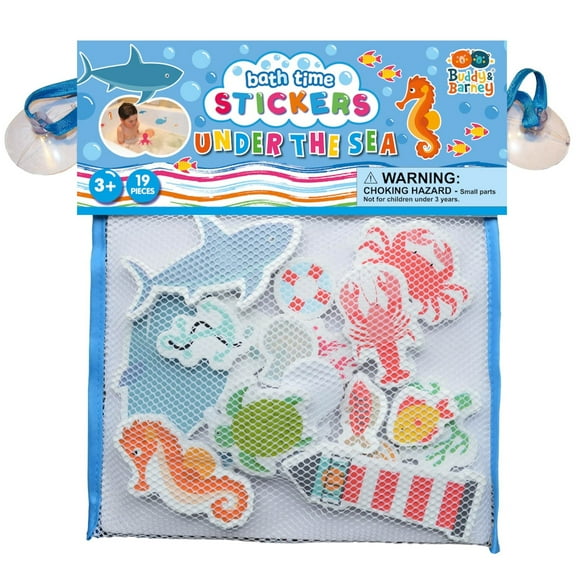Buddy & Barney: Bath Time Stickers - Under the Sea - 18 Ocean Animal Character Foam Pieces, Suction Cup Mesh Storage Bag, Water & Tub Play Toy, Kid 3