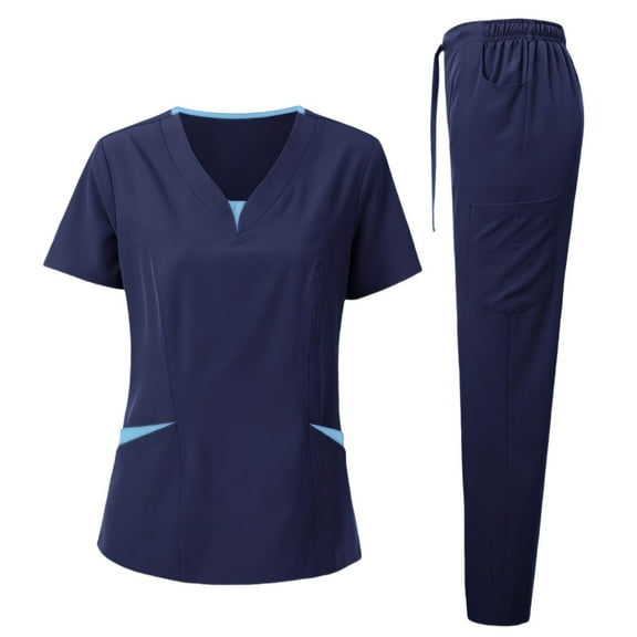 AHTJRT Women's Medical Scrubs Set V Neck Short Sleeve Tee Shirt with Pockets and Slim Joggers Pants Comfy Nursing Esthetician Suits Set Navy S