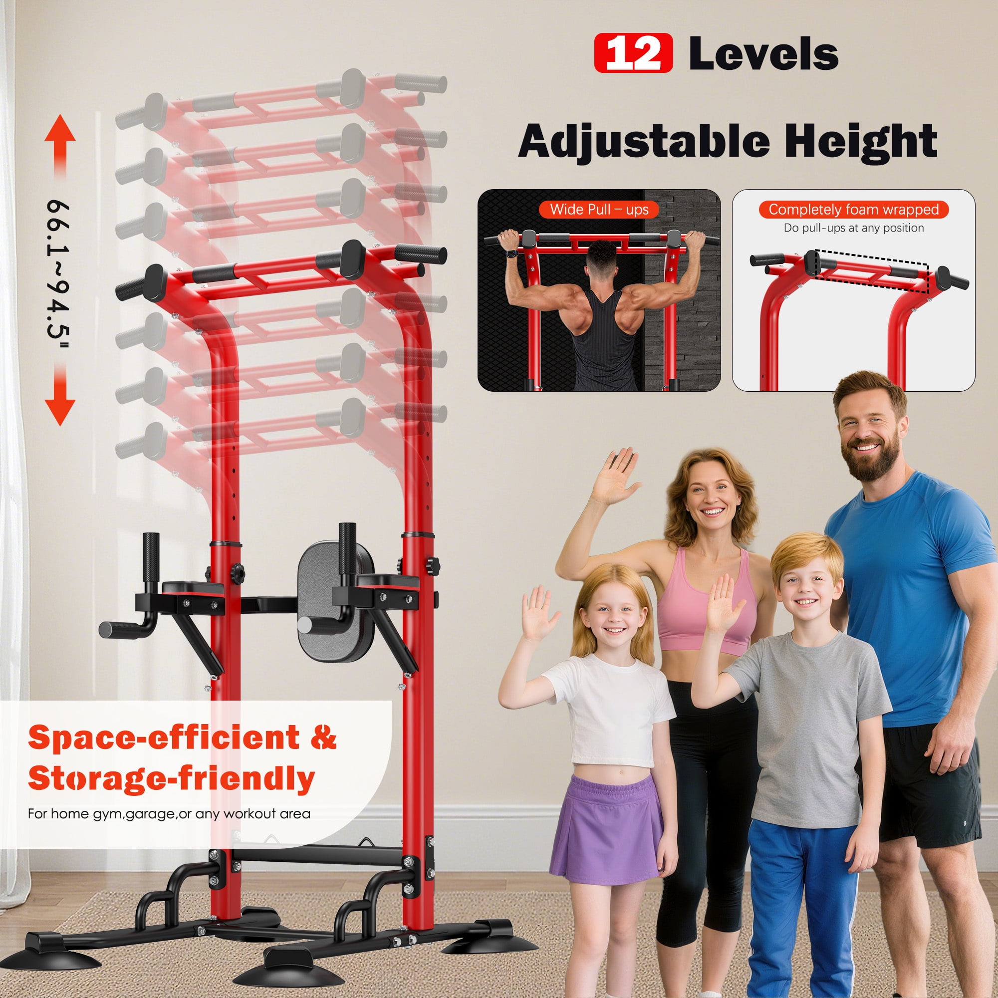 94.5"H Pull Up Bar and Dip Station, Heavy Duty 12 Adjustable Home Gym Equipment for Strength Training, Multifunctional Workout Bar with Resistance Bands – Full Body & Core Exercise 330LBS,Red