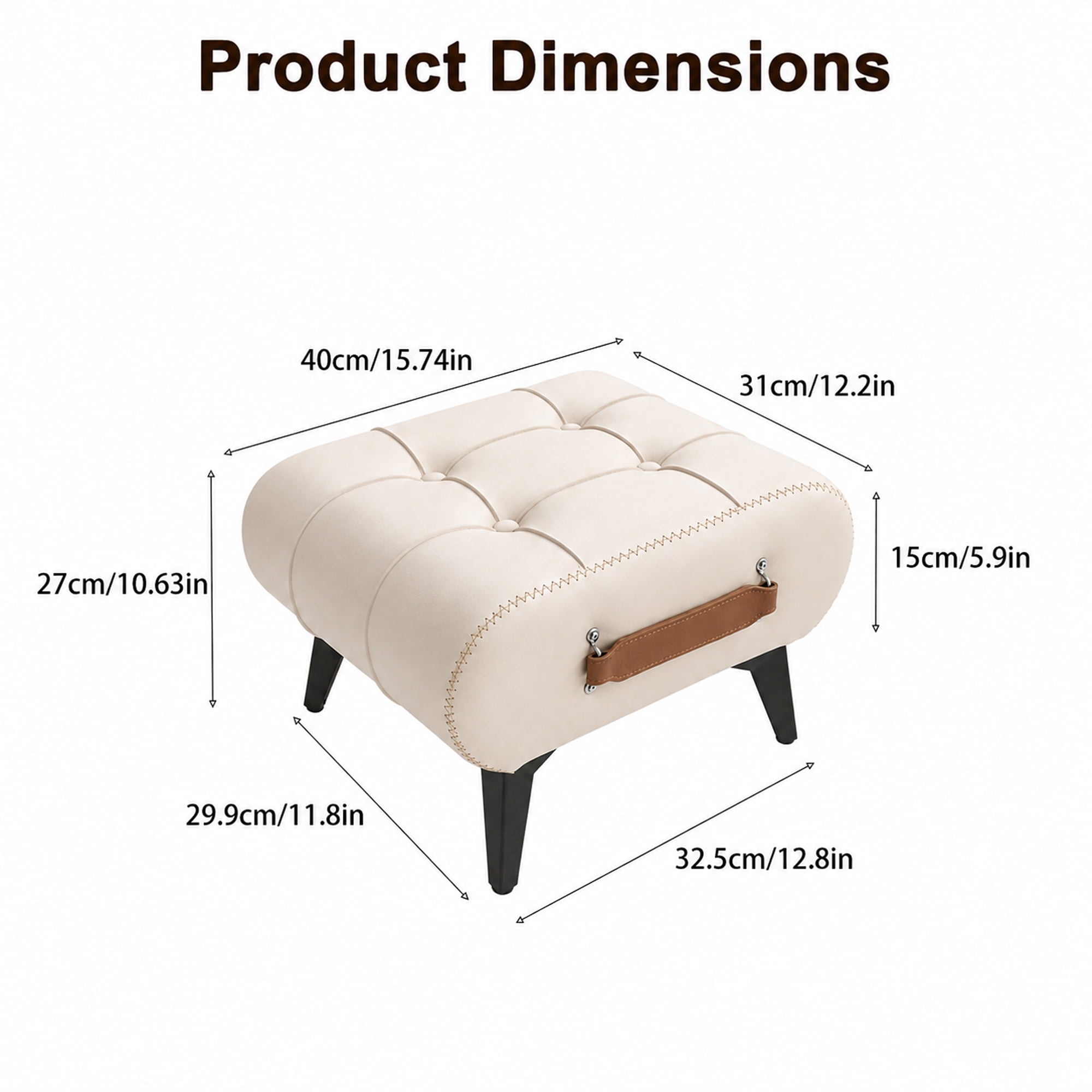 Leumius Modern Leather Stool with Hidden Storage,Portable Handles & Metal Legs,Square Footrest for Living Room,White