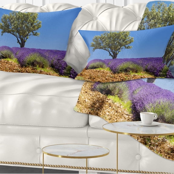 Designart Lone Green Tree in Lavender Field - Landscape Printed Throw Pillow - 12x20