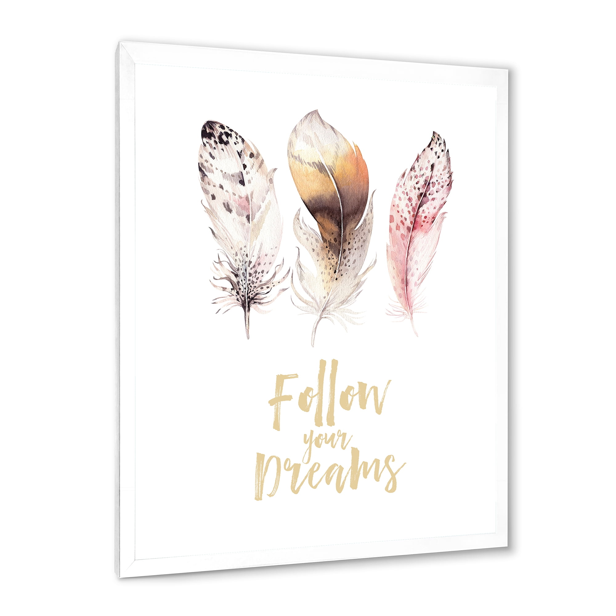 Designart 'Multicolored Boho Art Feathers Follow Your Dreams' Bohemian & Eclectic Framed Art Print