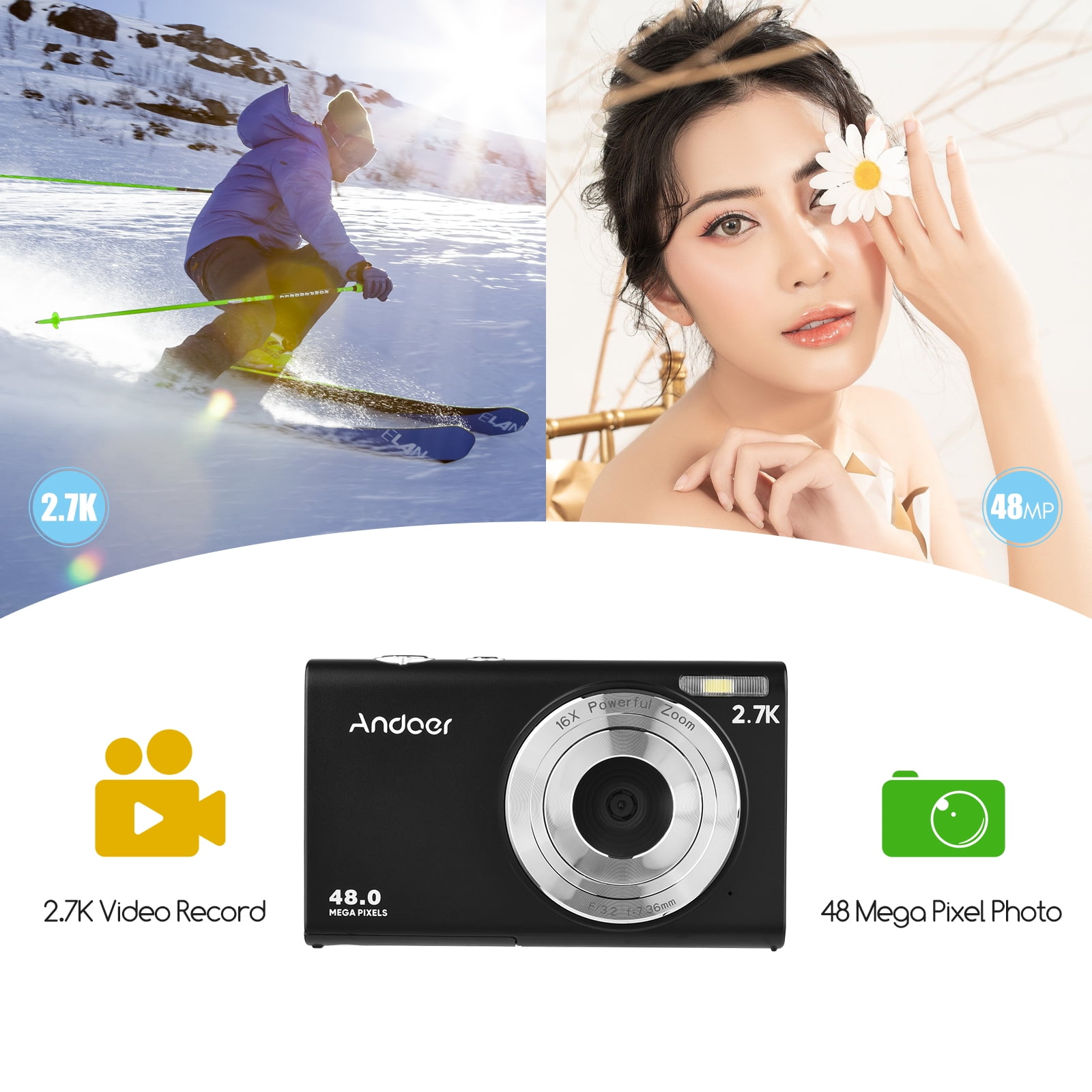 Andoer 2.7K Digital Camera Compact Video Camcorder 48MP Auto Focus 2.88 Inch IPS Screen 16X Zoom -shake Face Detact Smile Capture Built-in LED Fill Light with Carry Bag Wrist Strap 2pcs Batt