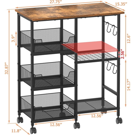 Rolling Kitchen Storage Microwave Cart with Adjustable Shelf and Lockable Wheels, Stainless Steel Bakers Rack for Coffee Bar and Living Room