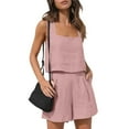 thumbnail image 2 of Mohiass Womens 2 Piece Outfits Linen Matching Sets Sleeveless Crop Tank Tops and High Waist Lounge Shorts with Pockets Pink M, 2 of 7