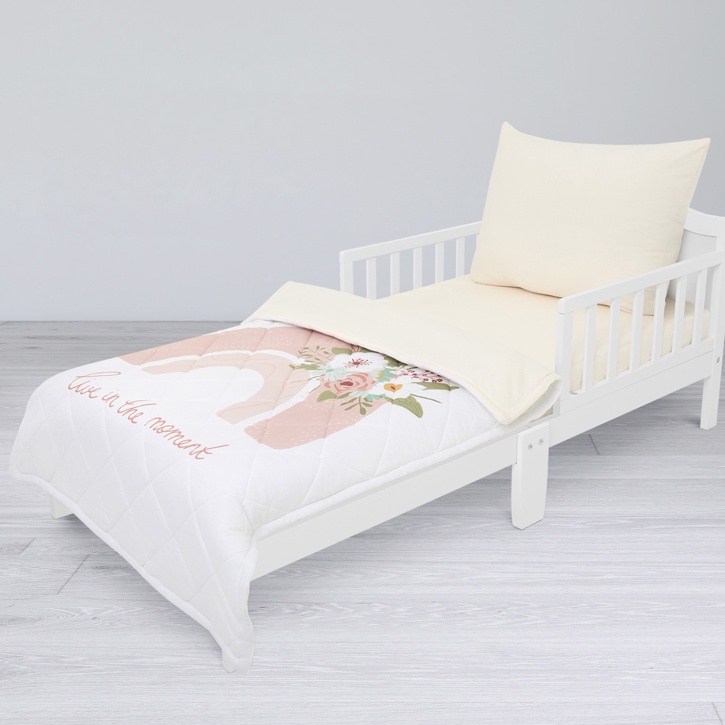 Evolur RainBoho Collection 3pc Toddler Bed Set (Fitted Sheet, Comforter, Pillow Case) in Light Peach & Rainbow Print