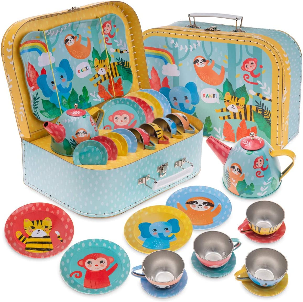 15 Piece Girls Pretend Toy Tin Tea Set Carrying Case Ballea