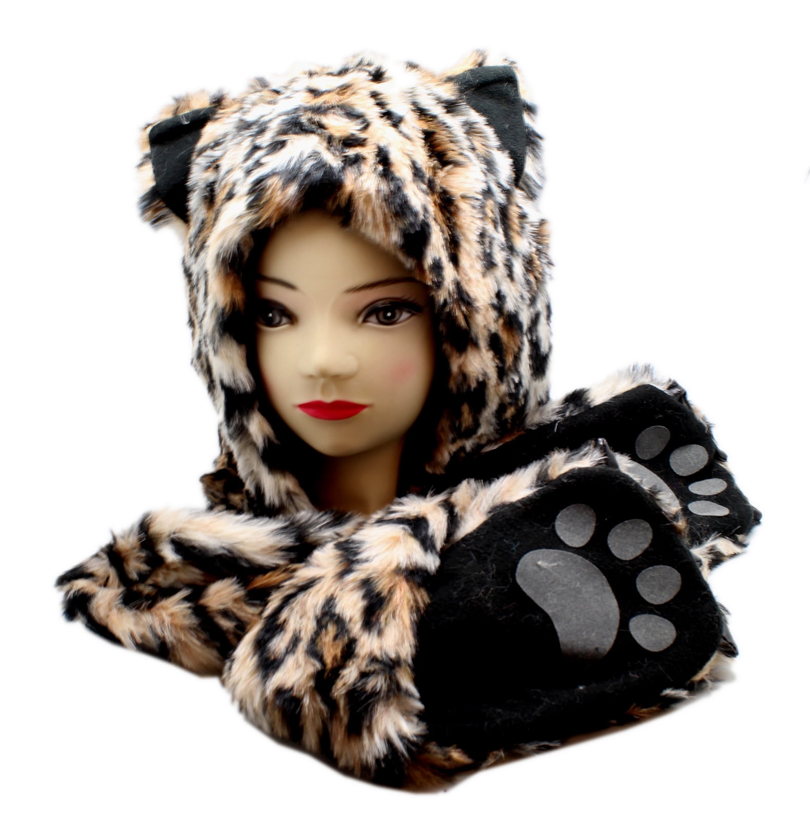 ハット Leopard Print Bow Scarf Hat Leopard Spot Pattern Hat w/Attached Mitten Paws - Walmart.com